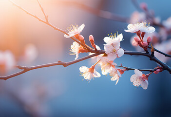 blossoming cherry tree, in the style of soft pastel hues, golden light, photo-realistic landscapes,...