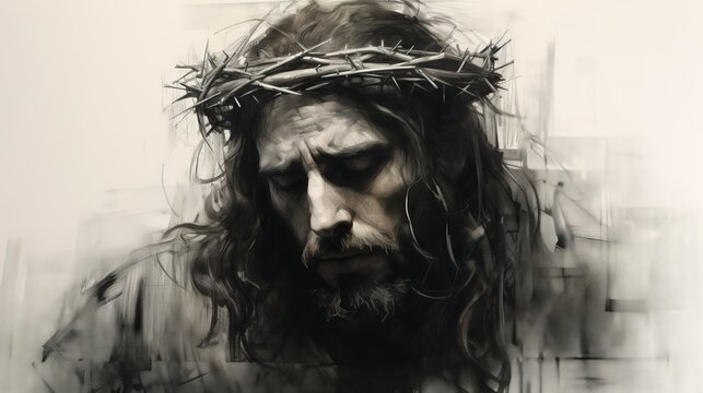drawn portrait of a catholic jesus christ christian god with crown of thorns