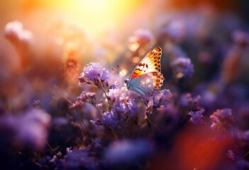 a butterfly butterflies and lavender flower at sunrise on a background with sun rays, in the style...