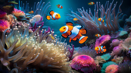 A view of colorful anemones hosting clownfish