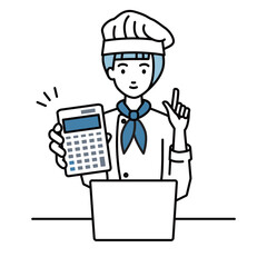 a woman cook recommending, proposing, showing estimates and pointing a calculator with a smile in front of laptop pc