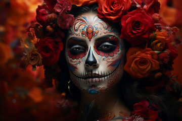 Festive woman with sugar skull makeup surrounded by flowers in Dia de Los Muertos celebration