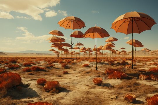 Over a desolate landscape, a kaleidoscope of umbrellas floats whimsically, juxtaposing barrenness with a touch of unexpected wonder.