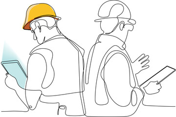 Continuous one line drawing of Industry maintenance engineer woman wearing uniform and safety helmet under inspection by tablet. Minimal outline concept