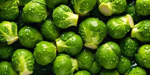  Fresh Brussel Sprouts with Droplets of Water, Top-View Close-Up Background © Mathias