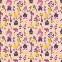 Autumn seamless pattern with gnomes and mushrooms. Perfect retro print for tee, textile, paper and fabric. Hand drawn illustration for surface design.