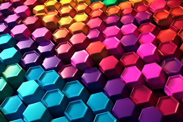 Hexagons pattern Blue purple pink red and yellow. 3d ultra realistic, unreal engine