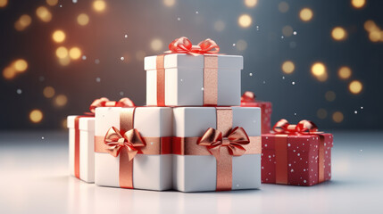 Obraz premium Gift box with ribbon and bow festive decorative with glitter sparkles and bokeh. Concept of design for Birthday, Merry Christmas, New Year, holiday, anniversary, valentine, wedding. Generative AI