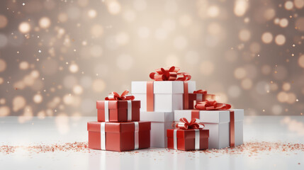 Obraz premium Gift box with ribbon and bow festive decorative with glitter sparkles and bokeh. Concept of design for Birthday, Merry Christmas, New Year, holiday, anniversary, valentine, wedding. Generative AI