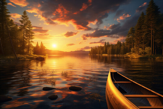  a photo of a sunset view and a boat sailing on a calm river