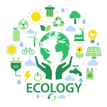 ecology concept with natural elements on white background. vector illustration modern flat design. sustainable environment connect. hand holdings up green world. save energy the earth development.