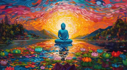 Zelfklevend Fotobehang painting of buddha and lotuses, generative AI © Kien