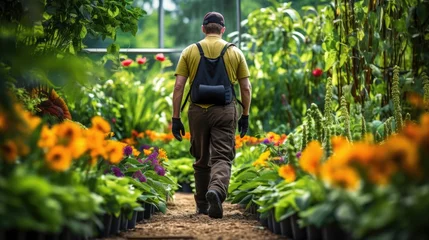 Tuinposter horticulturist tending to plants in a botanical garden generative ai © ThisDesign