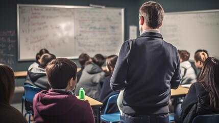 teacher explaining a concept to students in a modern classroom, generative ai