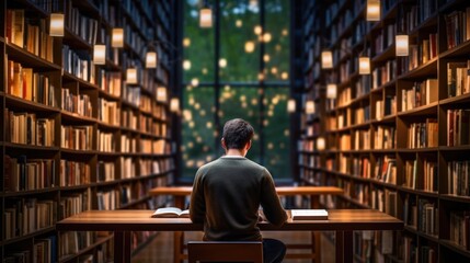 novelist writing a story in a quiet library, generative ai - obrazy, fototapety, plakaty