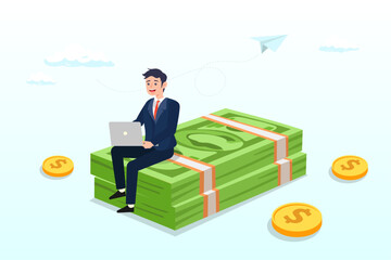 Young man working with computer laptop sitting on heap of dollar banknotes, online business making money, salary or multi income stream, side hustle or side gig earning, investment return (Vector)