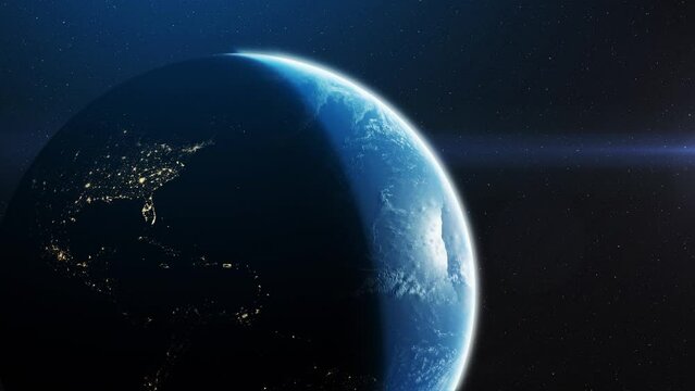 Flyby of the earth. Sunlight. Space view. Orbit. Satellite view. Realistic planet.