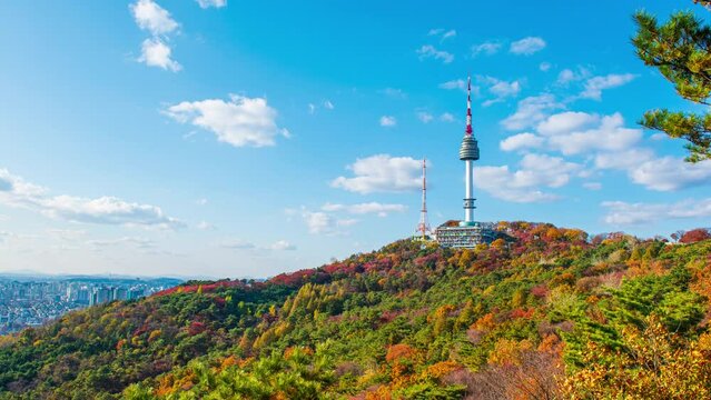 4k Timelapse Autumn season,Seoul City South Korea and blue sky