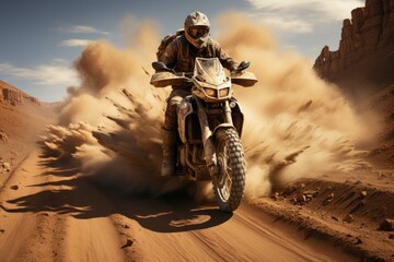 Arid Odyssey: Motorcycle's Dust Trails Across Desolate Desert, Back of Rider Lost in Barren Beauty, Emanating a Sense of Adventure Generative AI	
