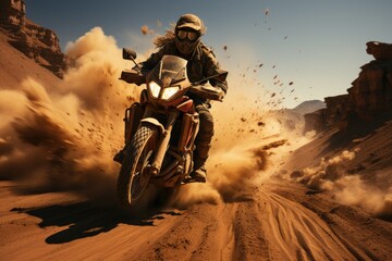 Obraz na płótnie Canvas Uncharted Terrain: Motorcycle's Path Through Desert Wasteland, Rider's Figure Merging with the Landscape, Capturing the Essence of Exploration Generative AI 