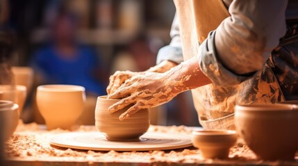 potter shaping clay on a wheel in a cozy studio generative ai