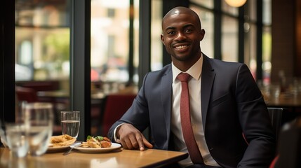 Young black businessman wearing suit restaurant sitting at table at lunch looking at camera smiling