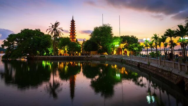 Pinning Time lapse, Tran Quoc pagoda during sunset time, the oldest temple, Hanoi,Vietnam.

