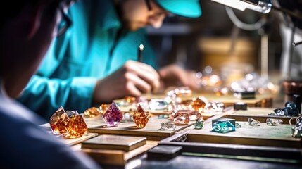 jeweler examining a gemstone in a workshop generative ai