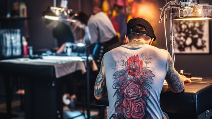 Obraz premium tattoo artist inking a design on a client in a modern studio generative ai
