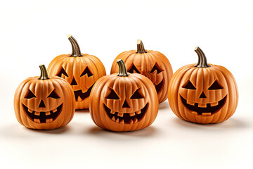 group of halloween pumpkins with carved face on white isolated background. Generative AI illustration