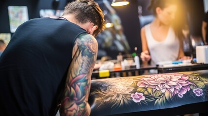 tattoo artist inking a design on a client in a modern studio generative ai