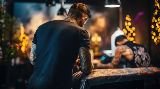 tattoo artist inking a design on a client in a modern studio generative ai