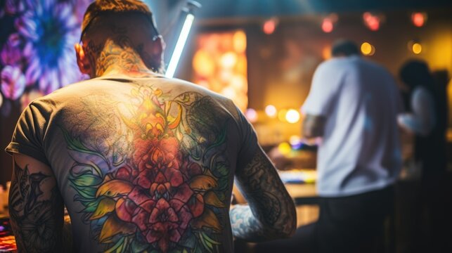 tattoo artist inking a design on a client in a modern studio generative ai