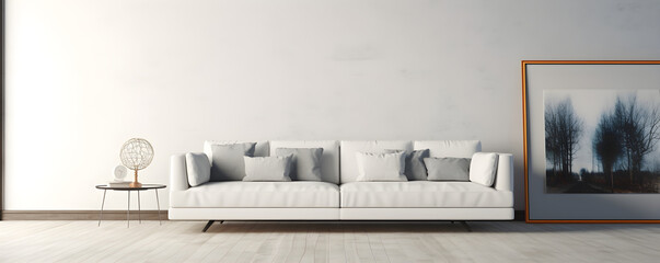 Modern interior with white sofa panorama 3d render