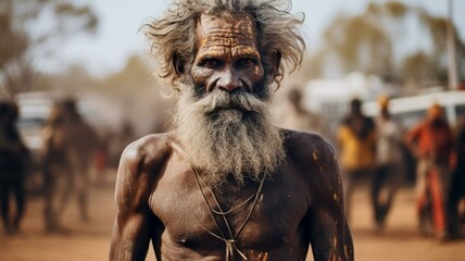 Australian aboriginal man in outback  - obrazy, fototapety, plakaty