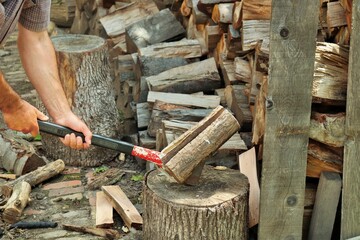 Chopping dry wood with a big ax