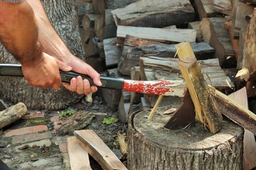Obraz premium Chopping dry wood with a big ax