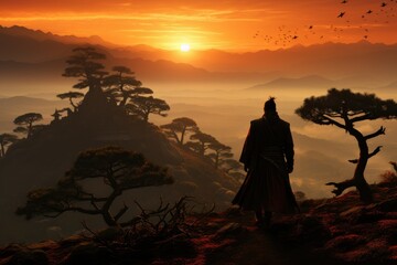 Sunset's Silent Witness: The Lone Samurai on a Hill, Portraying the Ageless Virtues of Honor, Discipline, and Inner Reflection Embraced by Ancient Japanese Warriors Generative AI