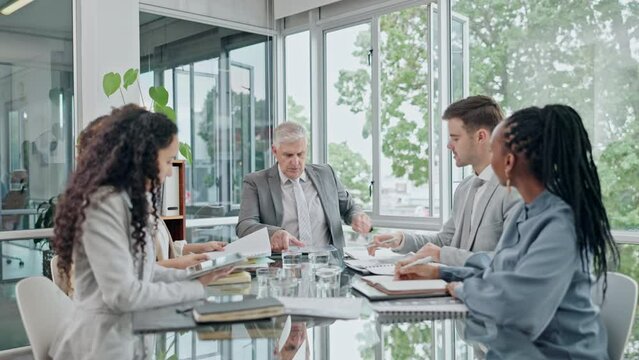 Business people, meeting and manager arrive for financial workflow, accounting management and group agenda. Accountant woman, men and CEO or executive start with paperwork, documents and leadership