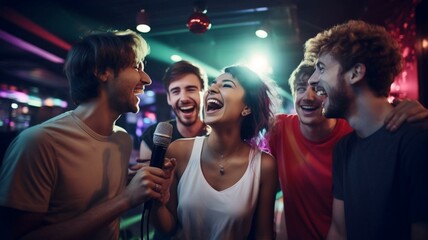 group of people singing karaoke in nightclub