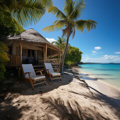 The hut on the beach with a palm roof and blue
