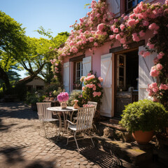 The cottage in the garden with a flower bed and pink
