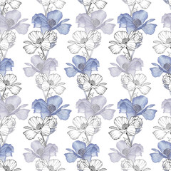 White Poppy flowers seamless pattern. Hand drawn sketch style. Nature background. Floral illustration.