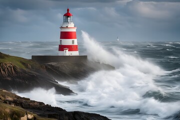 Obraz premium Ancient lighthouse adorned with red stripes next to the turbulent blue ocean