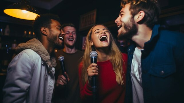 group of people in nightclub singing karaoke