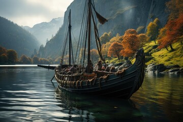 Majestic Fjord Odyssey: A Viking Longship's Exquisite Sail through Ancient Waters, Echoing the Spirit of Nordic Exploration Generative AI