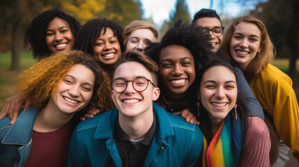 Fototapeta premium A group of happy and smiling friends of different races, Caucasian, Black and Latino, enjoying nature and looking at the camera. It represents tolerance, equality and respect in youth.