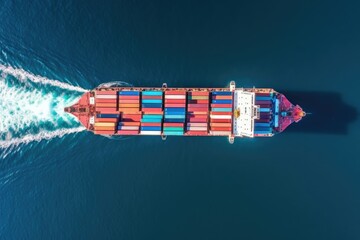 Aerial view of container ship sailing in the sea. Freight transportation concept.