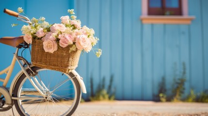 Fototapeta na wymiar Bicycle with flowers in a straw basket near the wall of a beautiful house in the sun Summer mood.