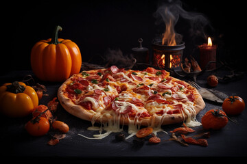 Pizza with pepperoni and cheese, stretchy, decorated with a Halloween theme